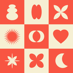 Poster - Abstract seamless pattern with simple geometric shapes. Brutal background in style y2k, 00s. Red and beige colors. Modern collage vector illustration.