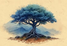 Colorful Big Tree, Watercolor Art. Retro Vintage Wallpaper. Tree Of Life Illustration. Abstract Watercolor Background.