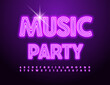 © Popskraft - Vector neon flyer Music Party. Cool Glowing Font. Trendy Electric Alphabet Letters and Numbers set
