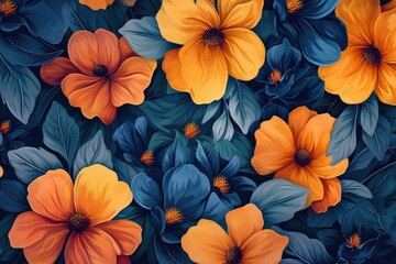 Poster - A beautiful bunch of orange and blue flowers with vibrant green leaves. Perfect for adding a pop of color to any project or design