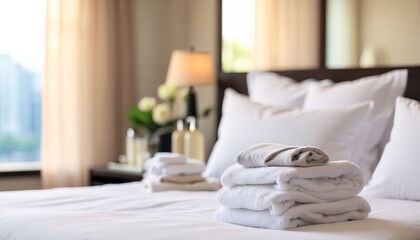 Fresh towels on bed in hotel room