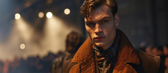Poster - A man wearing a brown jacket and scarf. Suitable for fashion, winter, and outdoor-themed designs
