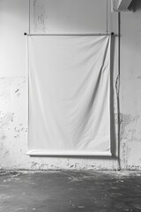 Poster - A simple black and white photo of a curtain hanging on a wall. This versatile image can be used in various design projects
