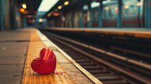 A Red Heart Balloon Sits On The Ground Beside A Train, Creating A Captivating Contrast Between Love And Locomotion, An Empty Train Station Platform With A Lone Love Heart Balloon