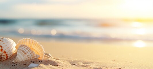 Vacation summer holiday travel tropical ocean sea panorama landscape - Close up of many seashells, sea shell on the sandy beach, with ocean in the background