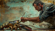 A captivating image of a lobster fisherman meticulously measuring and inspecting a freshly caught lobster on a vibrant, weathered work surface, highlighting the precision and care