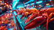 A visually elaborate composition featuring a seafood market display of live lobsters in colorful tanks, showcasing the vibrant red hues of the crustaceans against the backdrop of a
