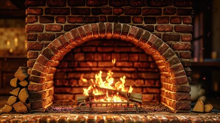 Poster - A warm and inviting fireplace with neatly stacked firewoods. Perfect for creating a cozy and comforting atmosphere. Ideal for home decor, winter themes, and relaxation concepts