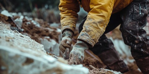 Poster - A man in a yellow jacket is seen digging a pile of dirt. This image can be used to depict construction work or manual labor