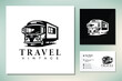 Travel agency badge logo design, transport icon vintage style, traveling business bus airplane landmark
