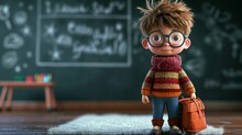 With A School Blackboard In The Backdrop And A Cute Cartoon Character Boy Dressed For School In Glasses And A Sweater