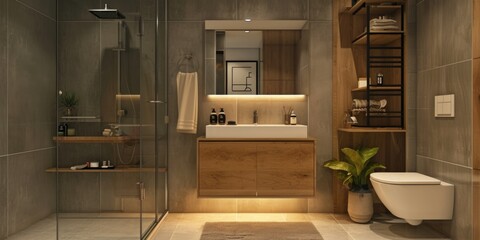 Poster - A fully equipped bathroom with a toilet, sink, and shower. Ideal for illustrating home interiors or plumbing fixtures
