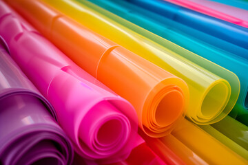 Poster - Colorful eco paper plastic. Multi-colored eco material, colorful texture close-up. Multi-colored sheets colored. Red, yellow and blue. The concept of creativity crafts. Diagonal. Macro. Selective focu