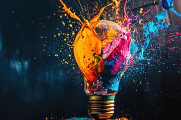 Poster - A light bulb with paint splattered on it. Perfect for creative concepts and artistic inspiration