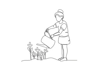 Single continuous line drawing of Woman watering plants. Minimalism metaphor concept. Dynamic one line draw graphic design vector illustration.
