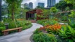 © AZ Studio - A winding path leads through a tranquil urban garden oasis, surrounded by vibrant flowers and lush plants, with a gazebo structure in the background.