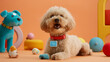 Pudel Hund in einem Kinderzimmer mit Spielzeug im Hintergrund Hund trägt GPS Tracker für Tiergesundheit Generative AI 