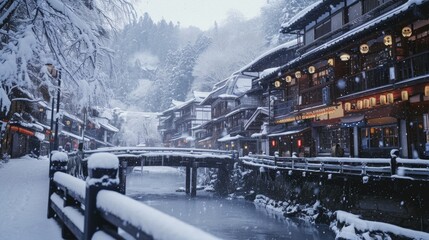 Poster - A snowy street with a bridge in the middle. Perfect for winter-themed projects