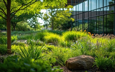 Wall Mural - Corporate Campus Arboretum: An arboretum within a corporate campus, showcasing the integration of nature to create a refreshing and invigorating work environment