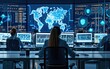 Cybersecurity Vigilance: A visual representation of cybersecurity professionals monitoring and defending digital networks in a high-tech command center