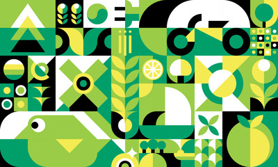 Poster - Geometric green pattern and abstract background, vector mosaic geometry banner or poster. Geometric natural ornament tile pattern of fruit, leaf plant and bird, green agriculture organic pattern