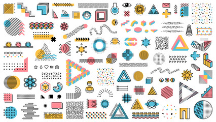 Poster - Memphis geometric shapes, abstract modern minimal line patterns, vector background. Memphis geometric elements of circle, triangle and color dots retro art trendy ornament shape patterns