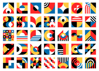 Poster - Geometric elements and modern abstract patterns, vector backgrounds. Geometric shapes pattern of square, circle and triangle mosaic grid for vintage Geometric art colors or seamless pattern tile