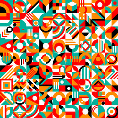Poster - Geometric element seamless pattern. Modern vector geometric scandinavian grid repeated background. Abstract minimalistic simple round and square geometry shapes in red, white, black, orange or green