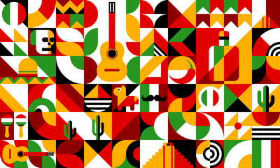 Mexican geometric modern pattern. Vector motif, background with simple geometric shapes of skull, chili pepper, cactus, tequila and sombrero. Guitar, maracas, flag and pinata modern ornament