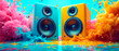 © Elena Uve - Speaker system for music in colorful background. Sound and audio equipment.