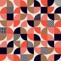 Poster - Modern geometric pattern. Geometric or scandinavian grid background. Abstract vector geometry minimalistic simple round segments and square shapes in red, pink, black, brown and white palette colors