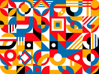 Poster - Geometric abstract pattern grid background, modern or retro vector. Geometric pattern poster with simple shape elements and colors, Swiss or Scandinavian art mosaic tile with minimal pattern