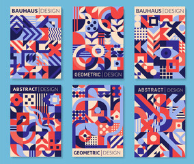 Poster - Geometric posters with abstract patterns. Simple geometry shapes and forms vector background with circles, squares and triangles, floral elements, dots and lines. Blue and red geometric patterns