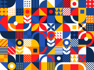 Poster - Geometric modern pattern with vector color shapes. Abstract background of squares, circles, triangles and round lines, dots and floral elements. Geometric pattern for interior decor and posters