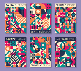 Aufkleber - Geometric posters and abstract patterns. Vector backgrounds of simple geometric shapes with color circles, squares, triangles and wavy lines. Geometric patterns for wall arts, covers and banners