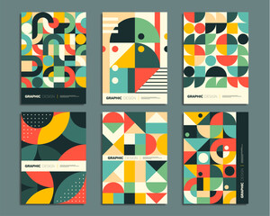 Aufkleber - Geometric posters with abstract patterns of vector circle, square, triangle and dot shapes. Retro simple color geometry backgrounds set for modern wall arts, cards and covers