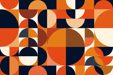 Poster - Geometric pattern or modern grid background, vector abstract retro circle shapes. Geometric pattern poster with simple colors on Swiss art, vintage mosaic tile or minimal round geometric pattern