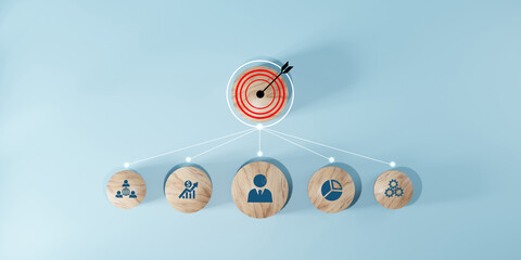 Wall Mural - woods block step on table with icon action plan, goal and target, success and business target concep