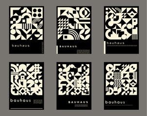 Aufkleber - Monochrome abstract geometric posters with pattern. Minimal graphic shapes vector background with black and white collage of circles, squares and triangles, dots and zigzag geometric elements