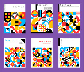 Aufkleber - Abstract geometric posters with pattern. Vector graphic shapes of color circles, squares and triangles background. Modern geometric banners set with geometry collage of simple forms and figures