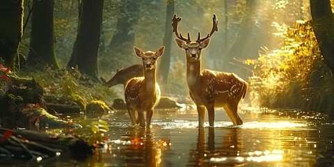 Wall Mural - nature wildlife scene with majestic brown deer in forest wild animals portrait in wilderness beautif