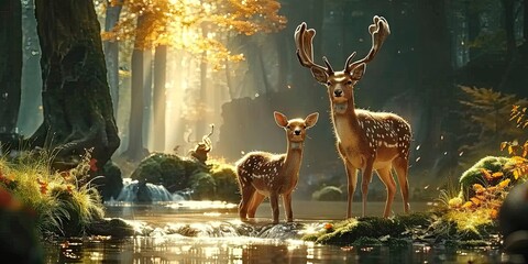 Wall Mural - nature wildlife scene with majestic brown deer in forest wild animals portrait in wilderness beautif