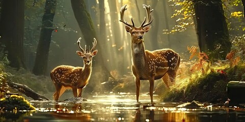 Wall Mural - nature wildlife scene with majestic brown deer in forest wild animals portrait in wilderness beautif