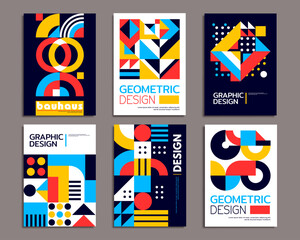 Poster - Modern abstract geometric posters. background patterns with vector collage of minimal geometry shapes. Retro graphic geometric patterns set with color circles, squares, triangles and dots