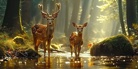 Wall Mural - nature wildlife scene with majestic brown deer in forest wild animals portrait in wilderness beautif
