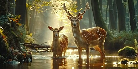Wall Mural - nature wildlife scene with majestic brown deer in forest wild animals portrait in wilderness beautif