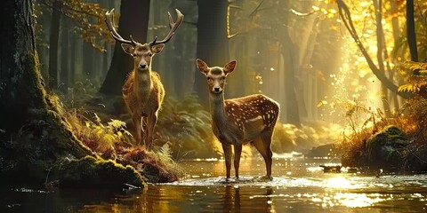Wall Mural - nature wildlife scene with majestic brown deer in forest wild animals portrait in wilderness beautif