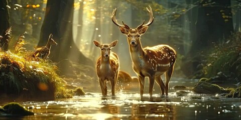 Wall Mural - Nature wildlife scene with majestic brown deer in forest wild animals portrait in wilderness beautiful male stag with antlers standing alert in autumn landscape among pine trees and grass