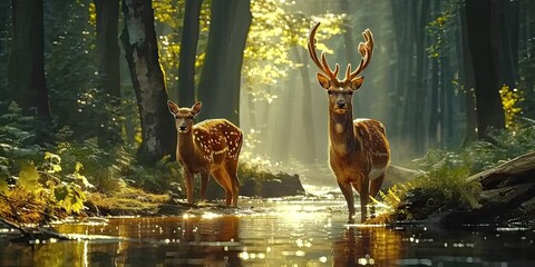 Wall Mural - nature wildlife scene with majestic brown deer in forest wild animals portrait in wilderness beautif