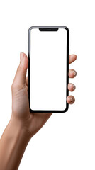 Female hand holding a smartphone. Transparent mobile screen mockup. No background.	
